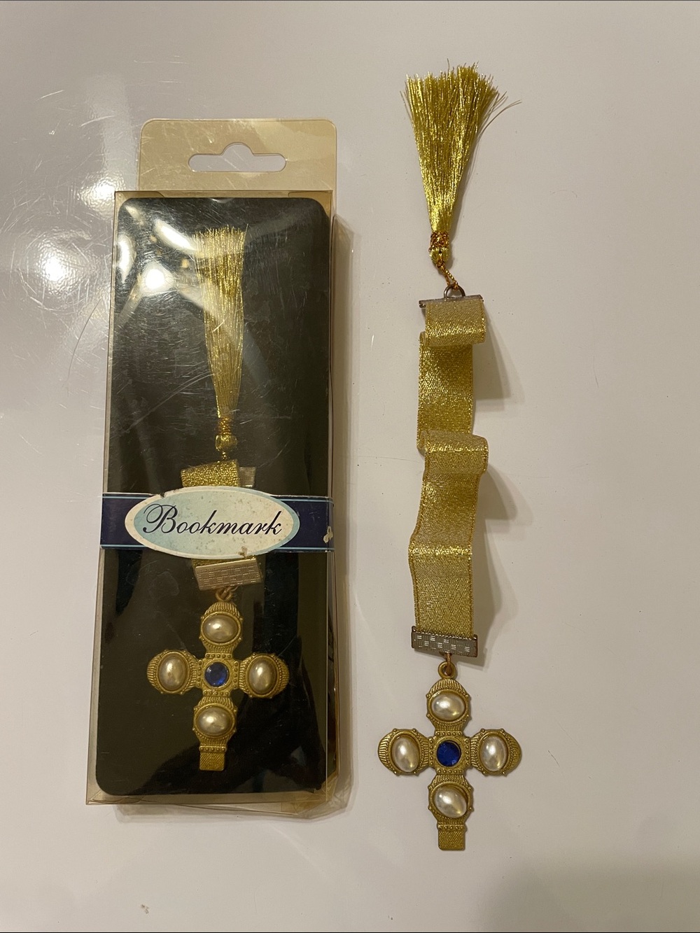 Set of 2 Gold Religious Cross Bookmarks with Blue Accent